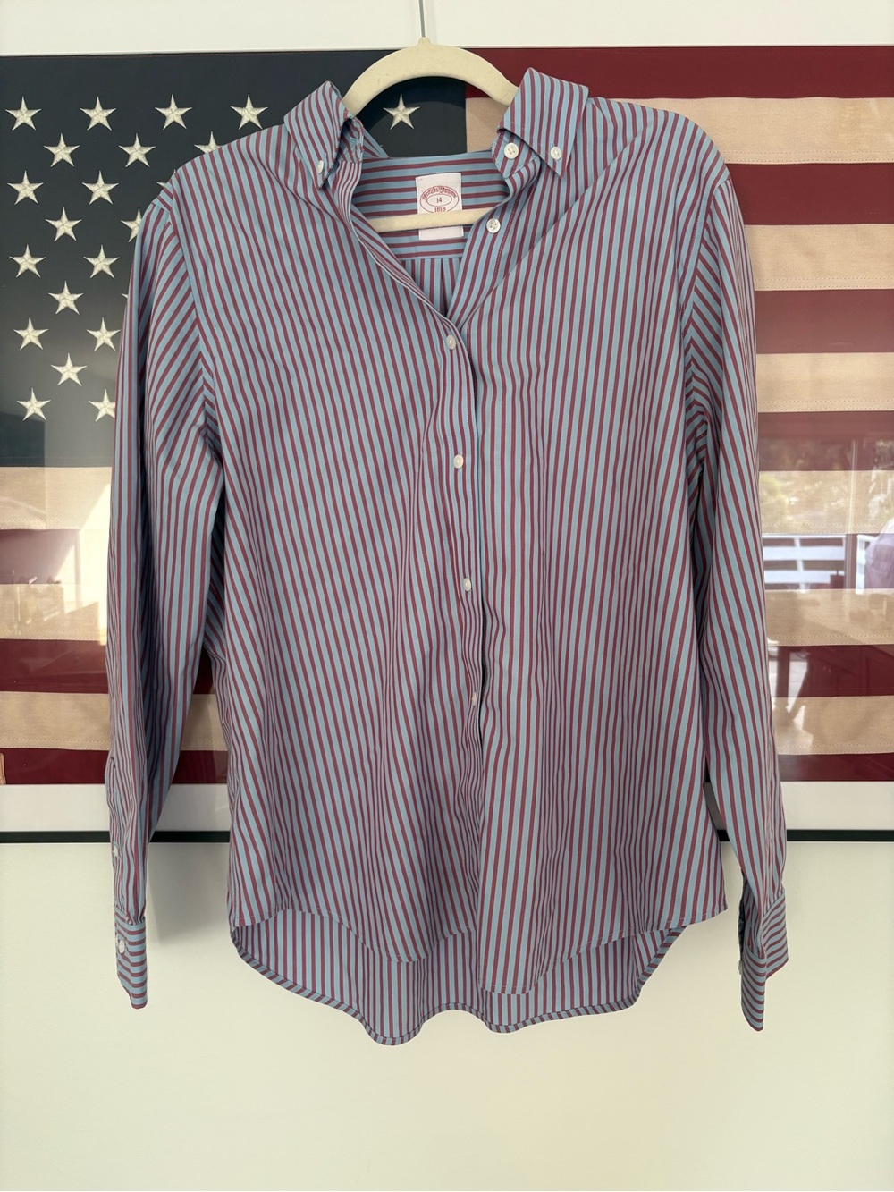 Brooks Brothers 1818 Men's Striped Button-Down Shirt in Light Blue and Burgundy